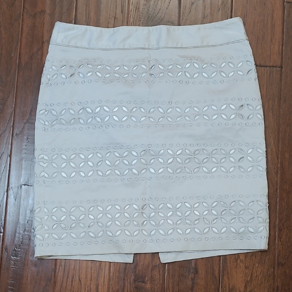 White House Black Market Silvery Grey Lined Skirt with Embroidery & Cutouts (14)